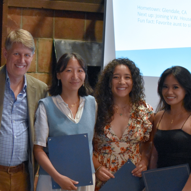 Chair Stacey presents the Charles G. Hyde Memorial Fund Fellowship to Christina Lang, Isabella Peter, and Jazmine Ramos (left to right). (Photo Credit: Erin Leigh Inama).