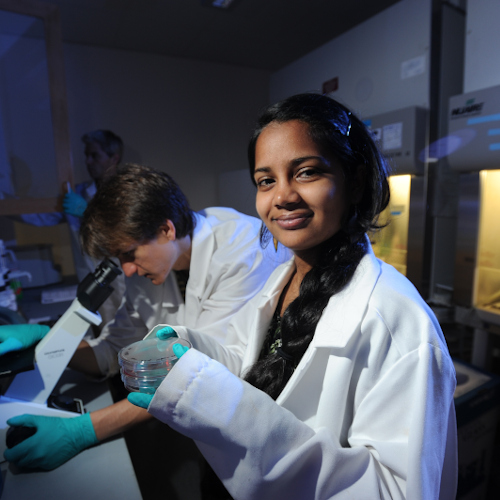 Student holding petri dishes in campus lab