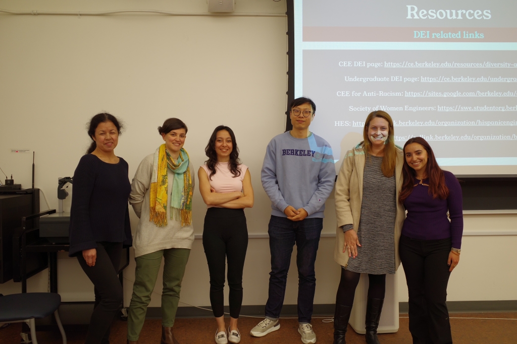 A group photo of CEE DEIB committee members (from left to right: AAO liason Sara McCarthy, CEE Professor & Faculty Rep Maria Laura Delle Monache, Graduate student rep Mirna Kassem, Postdoc rep Jinyan Zhao, CEE Professor & Committee Chair Adda Athanasopoulos Zekkos, and Shauna Bahri)