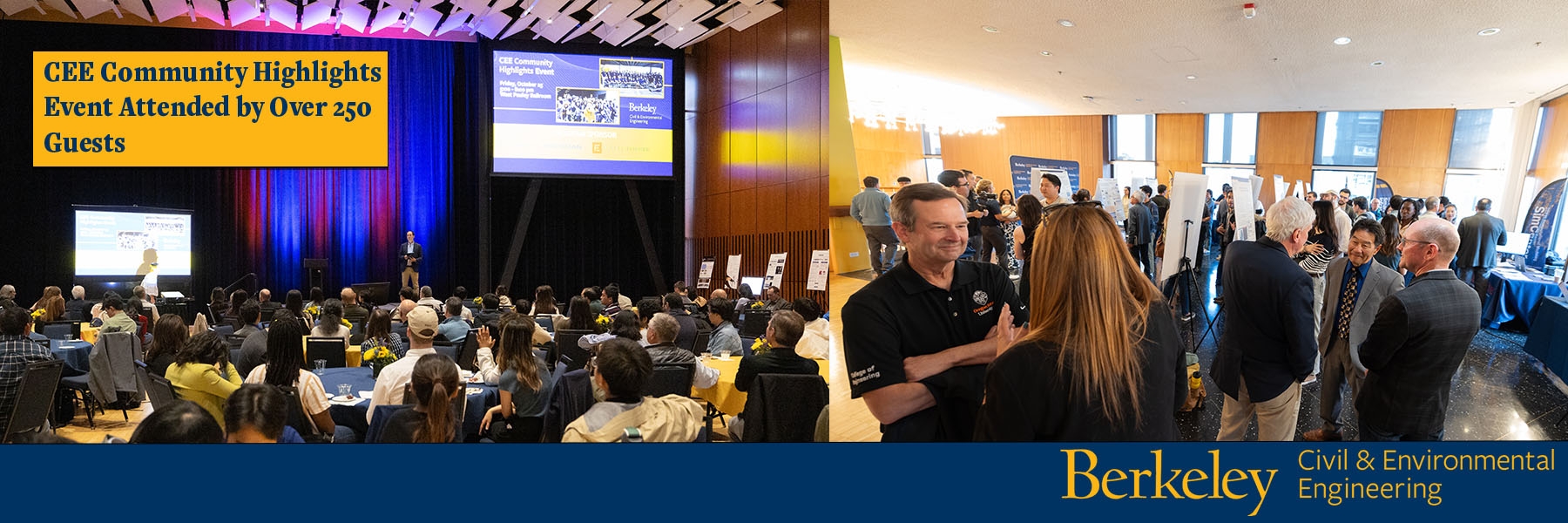 Two photos of guests on the left and right-hand side from the CEE Community Highlights Event hosted in West Pauley Ballroom on Friday, October 25th, with text "CEE Community Highlights Event Attended by Over 150 Guests" in a yellow rectangular box. (Photo Credit: Michael/Slava Blazer Photography)