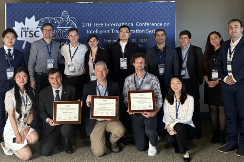 A group photo of some of the CEE awardees, including faculty members Maria Laura Delle Monache and Alex Bayen, postdoctoral fellow Hossein Nick Zinat Matin, and Ph.D. student Zhe Fu, at the 27th IEEE International Conference on Intelligent Transportation Systems. (Photo Credit: Elisa Gaetan, Yuneil Yeo, Mladen Čičic)