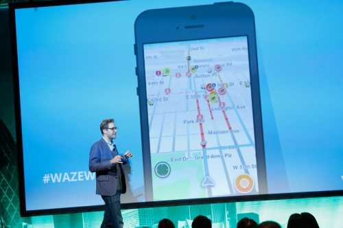 Product Specialist for Waze Mark Campos speaks on stage at a conference in New York. BRIAN ACH/GETTY IMAGES FOR LOCATIONWORLD 2