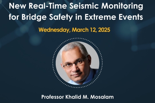 A flyer for an upcoming webinar featuring CEE Professor Khalid M. Mosalam speaking about the about the new Bridge Rapid Assessment Center for Extreme Events (BRACE2) research project (Photo Credit: CalTrans HQ).