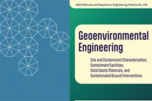 A picture of a Geoenvironmental Engineering ASCE manual with a light blue background, and a white hexagon tessellation pattern on the left side.