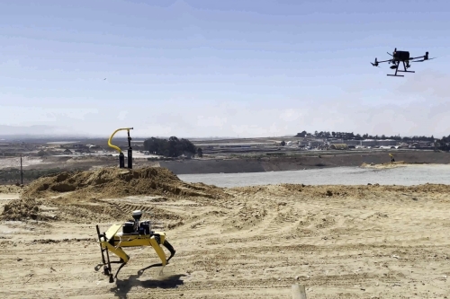 A picture of autonomous landfills with the SPOT dog and drone (Photo Credit: UC Berkeley Geosystems Group).