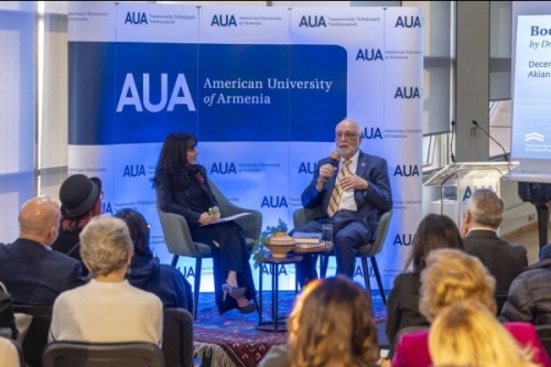 A photo of CEE Professor Emeritus Armen Der Kiureghian at the presentation and signing of his new book "From Earthquake Tragedy to Beacon of Light: The Story of the American University of Armenia" (Photo Credit: AUA Newsroom).