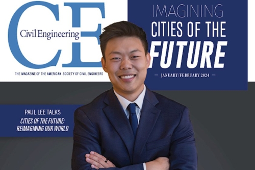 Paul Lee (CE MS' 16) has been featured on the cover page of the January/February 2024 print issue of Civil Engineering Magazine.  (Photo Credit: Jason Dixson)