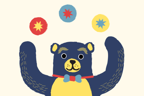 A blue bear juggling three balls. 