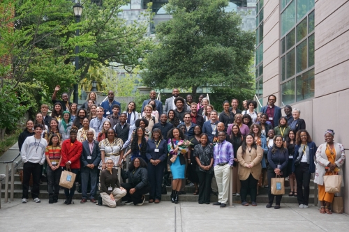 A group photo of WeRISE Summit Conference attendees outside of the Banatao Auditorium. (Photo Credit: Pooja Nerkar/Berkeley CEE)