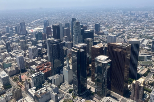 Skyscrapers in Downtown Los Angeles as photographed from an airplane during the research campaign. (Photo Credit: Eva Pfannerstill)