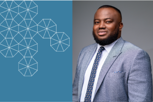 A headshot of CEE Assistant Professor with a charcoal grey background and a teal tesselation background (from right to left).