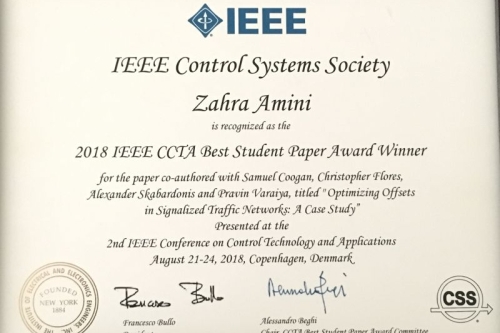 IEEE Best Student Paper Award for Dr. Zahra Amini