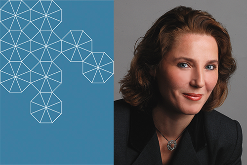 A headshot of Jasenka Rakas with a light blue background, and a white hexagon tessellation pattern on the left side.