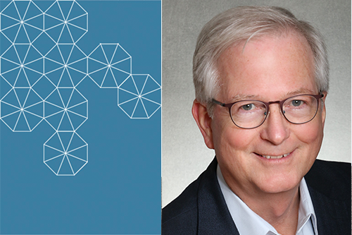 A headshot of CEE Professor Jack Moehle on the right and a light blue tessellation background on the left.