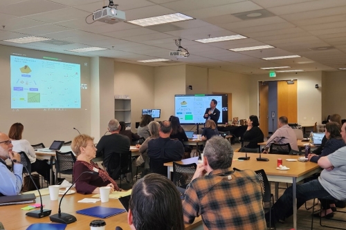 Prof Kenichi Soga presented the wildfire evacuation sociotechnical digital twin models in the Marin community workshop at the Marin Wildfire Prevention Authority, May 10, 2023. (Photo Credit: Kenichi Soga)