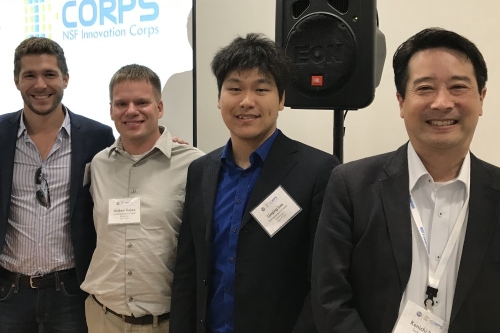 Professor Soga (R) and his Bakar Fellowship team [Dr. Linqing Luo (second right) and Andrew Yeskoo (second left)]. They participated in a NSF sponsored I-Corps program this summer to conduct market research in the area of smart infrastructure. Sean Wihara (L) was the industry mentor of the UCB team.