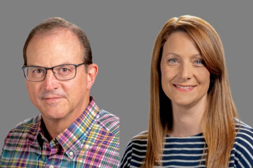 A headshot of CEE Professors Jonathn Bray and Adda Athanasopoulos-Zekkos with a charcoal grey background.