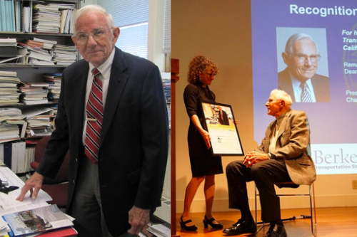 A picture of CEE Professor Emeritus Carl Monismith on the left hand side, and a a photo of him receiving a special recognition award for his work in Transportation Engineering on the right hand side. (Photo Credit: Institute of Transportation Studies)