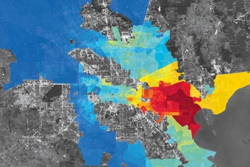 This map, made by overlaying a heat map of the pollutant nitrogen dioxide (NO) over a satellite image, shows that levels of NO vary greatly across Houston. Neighborhoods that are predominantly Hispanic have higher levels of NO (red), compared to non-Hispanic, White neighborhoods (blue). (Photo credit: C&EN Magazine)