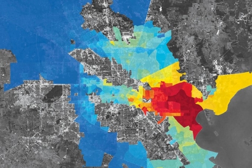 This map, made by overlaying a heat map of the pollutant nitrogen dioxide (NO) over a satellite image, shows that levels of NO vary greatly across Houston. Neighborhoods that are predominantly Hispanic have higher levels of NO (red), compared to non-Hispanic, White neighborhoods (blue). (Photo credit: C&EN Magazine)