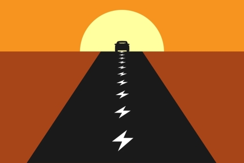 A cartoon illustration of an EV with a road background with electric bolts on top of it. (Photo Credit: The Atlantic)