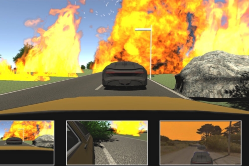 A screen capture from a Bolinas evacuation video game prototype created by Thomas Maiorana showing the player's first-person view of fleeing from a wildfire in a car, surrounded by the flames. (Photo & Caption Credit: CITRIS News - Yanglan Wang)
