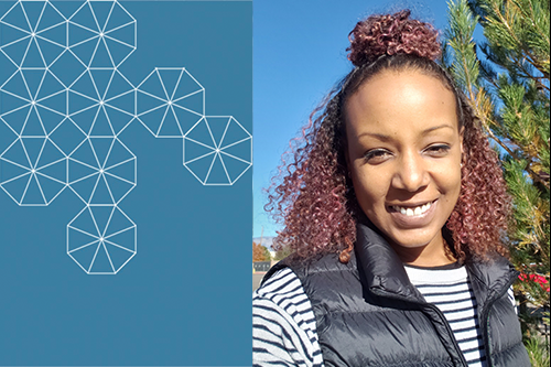 A headshot of Kelly Vernon with a light blue background, and a white hexagon tessellation pattern on the left side.
