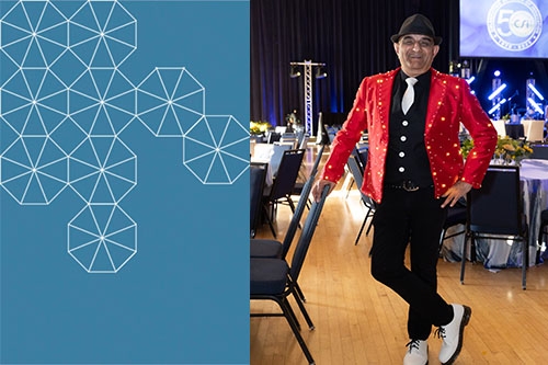 A picture of Ashraf Habibullah at the CEE Welcome Gala on the right with a light blue hexagon tessellation background on the left side.