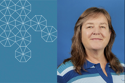 A headshot of Kristi McKenney with a light blue background, and a white hexagon tessellation pattern on the left side.