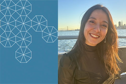 A headshot of Mirna Kassem with a blue tesselation screen with hexagons in the background on the left.