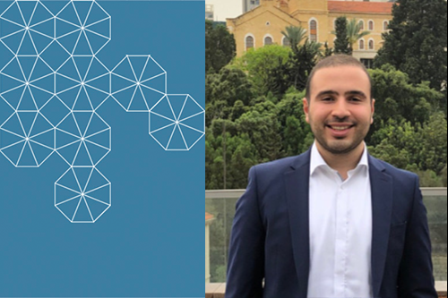 A headshot of Ziad Yassine with a blue tesselation screen with hexagons in the background on the left.