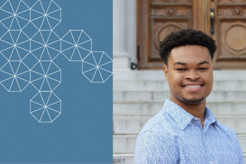 A headshot of Jordan Wolf with a tesselation screen with hexagons in the background on the left.