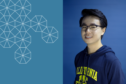 A headshot of Han Wang with a blue tesselation screen with hexagons in the background on the left. (Photo Credit: Safe Transportation Research and Education Center)