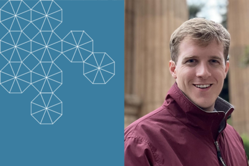 A headshot of Wesley Darling with a blue tesselation screen with hexagons in the background on the left. (Photo Credit: Safe Transportation Research and Education Center)