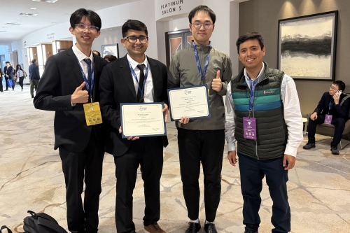 A group photo of the Berkeley CEE delegation at the 2025 EMI Objective Resilience Student Paper-Presentation Competition. From left to right: Kexun Li, Prateek Arora (1st place winner), Xiaolei Chu (2nd place winner), and CEE Assistant Professor Luis Ceferino. (Photo Credit: Luis Ceferino)