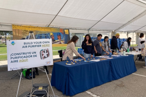 A picture of Berkeley students building air purifiers for Stockton Unified School District's Earth Day celebration. (Photo Credit: Tina Chow)