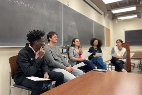 Three CEE alumni Mark Kiffe (M.S. '22), Dan Cohen (M.S '22), and Lorien Fono (Ph.D. '06) came back on campus for a panel discussion on their professional lives (Photo Credit: Cynthia Gerlein-Safdi).