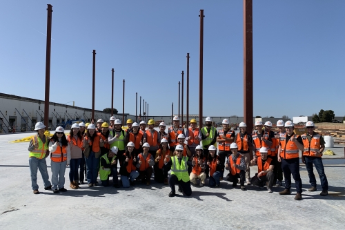 A group photo of CE166 students during a site visit to the "Dolittle Project" from the Whiting-Turner Contracting Company in San Leandro (Photo Credit: Mark Shami).