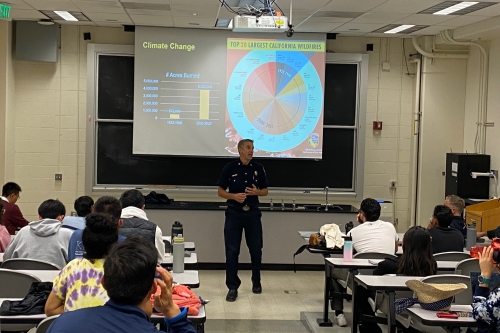 Berkeley Fire Chief David Sprague shared valuable insights on Berkeley's wildfire preparedness and resistance initiatives during a CE170 class lecture (Photo Credit: Kenichi Soga).