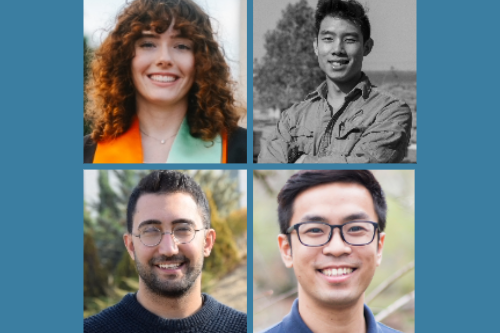 A photo collage of CEE 2024–2025 Outstanding GSI Awards awardees (from top left to bottom left clock-wise): M.S. student Madison Callan, M.S. student Treves Li, Ph.D. student Satuk Bugrahan Sari, and postdoctoral researcher Bodhinanda Chandra.