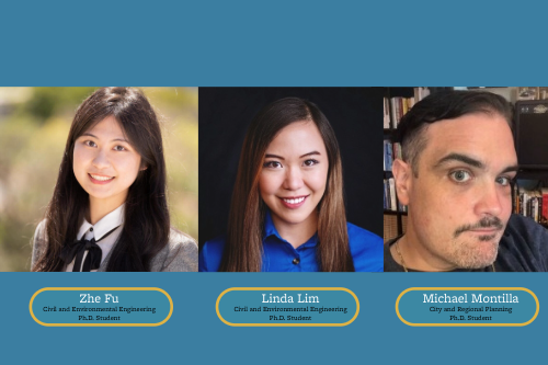 A photo collage of the 2025 Eno Fellows (from left to right): CEE Ph.D. student Zhe Fu, CEE Ph.D. student Linda Lim, and City & Regional Planning Ph.D. student Michael Montilla.