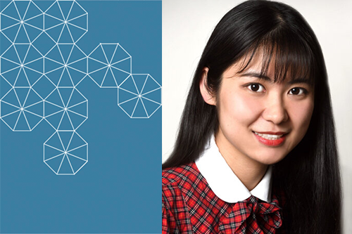 A headshot of CEE Ph.D. student Zhe Fu with a light blue background, and a white hexagon tessellation pattern on the left side.
